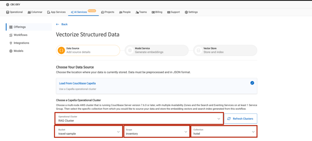 Connect database cluster to automated AI vectorization service