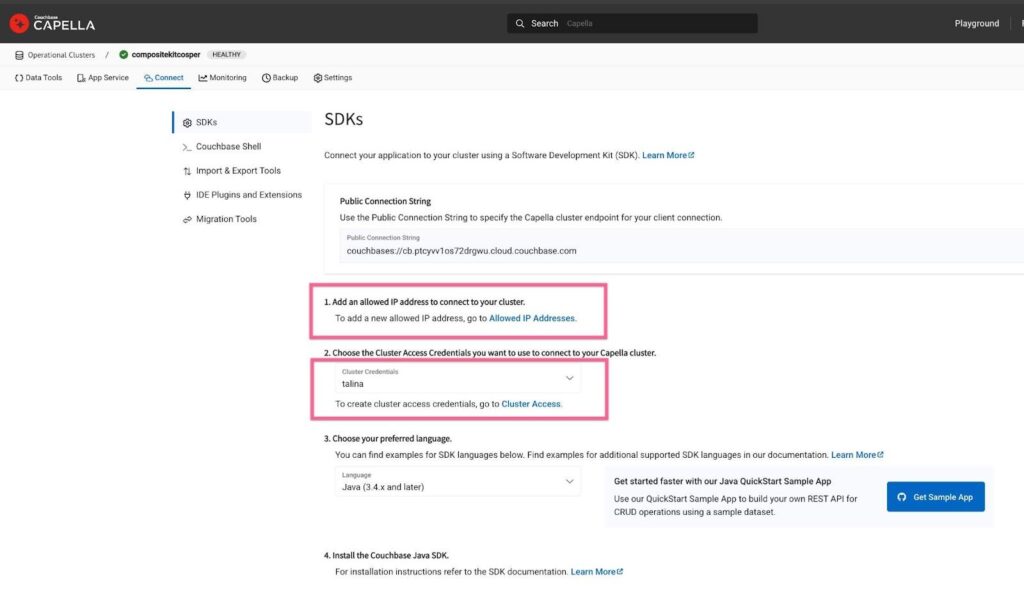 Configure SDKs for use with Capella cloud database for AI services