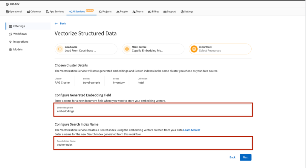 Configure embedding field name and vector index name